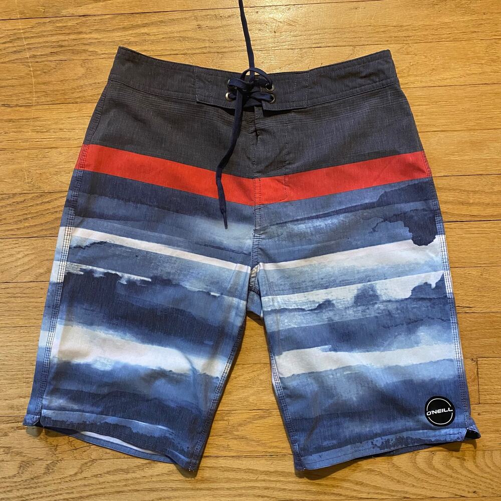 O'Neill Boys Blue Stripe Board Shorts Swim Trunks Size 28 Youth XL